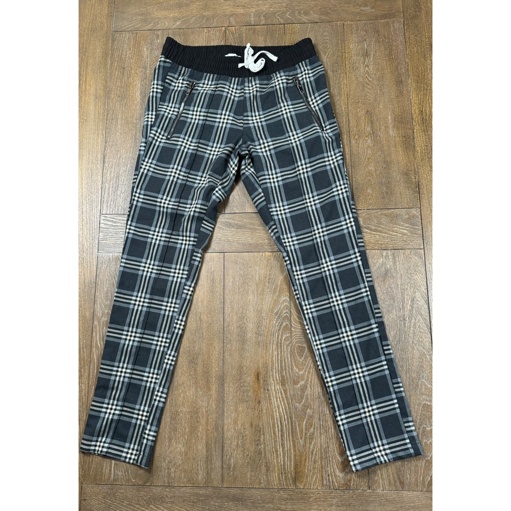 Christos New York Mens Plaid Pants Medium Black Gray Drawstring Zip Pockets 3262